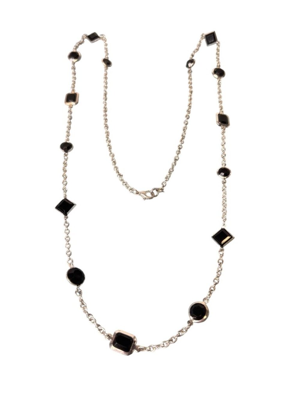Geometric Bezel Set Black Plastic Rhinestone Station Silvertone Chain Necklace